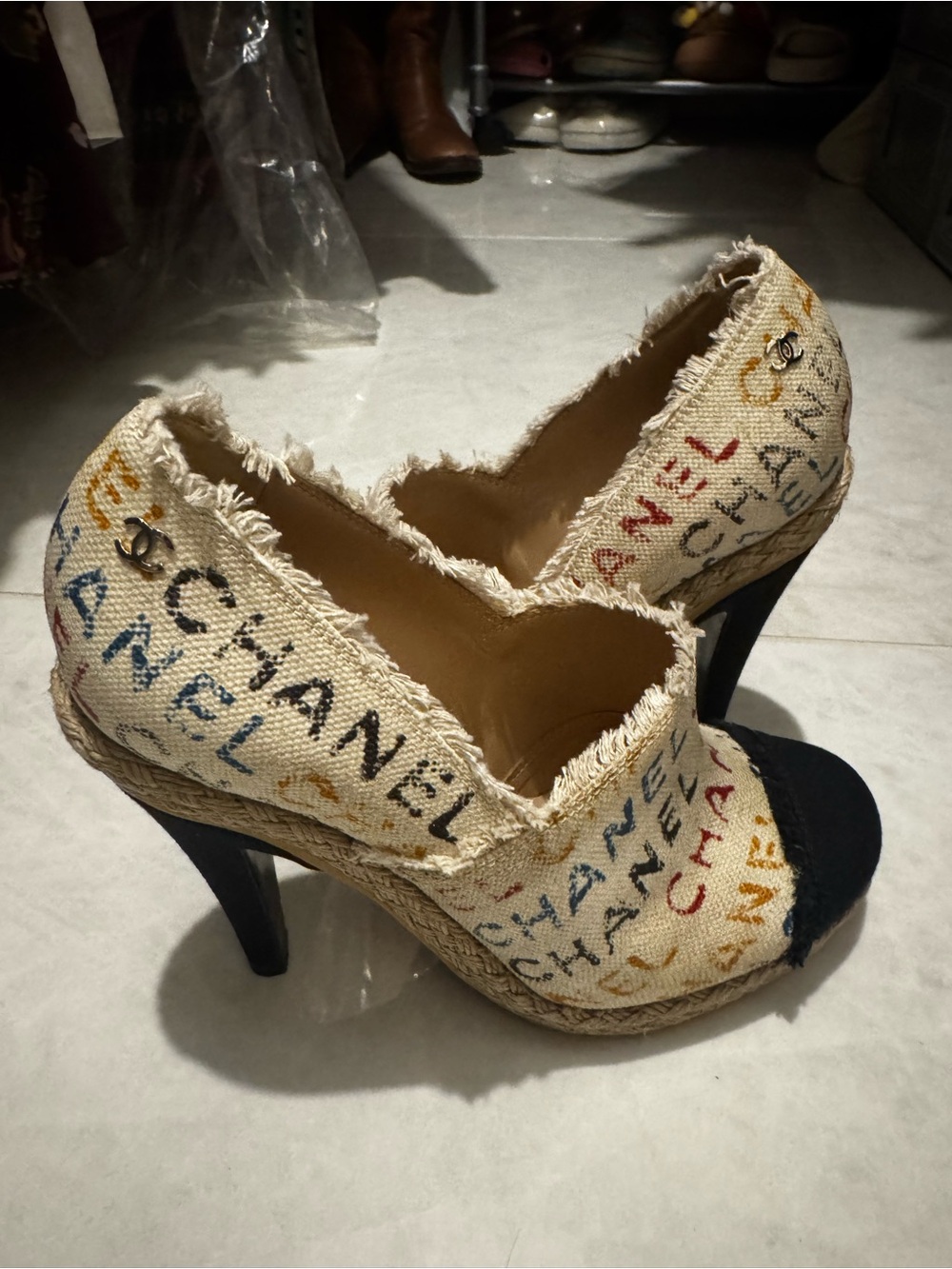 CHANEL Multicolor Logo Canvas High Heel Espadrille with Black Cap Toe